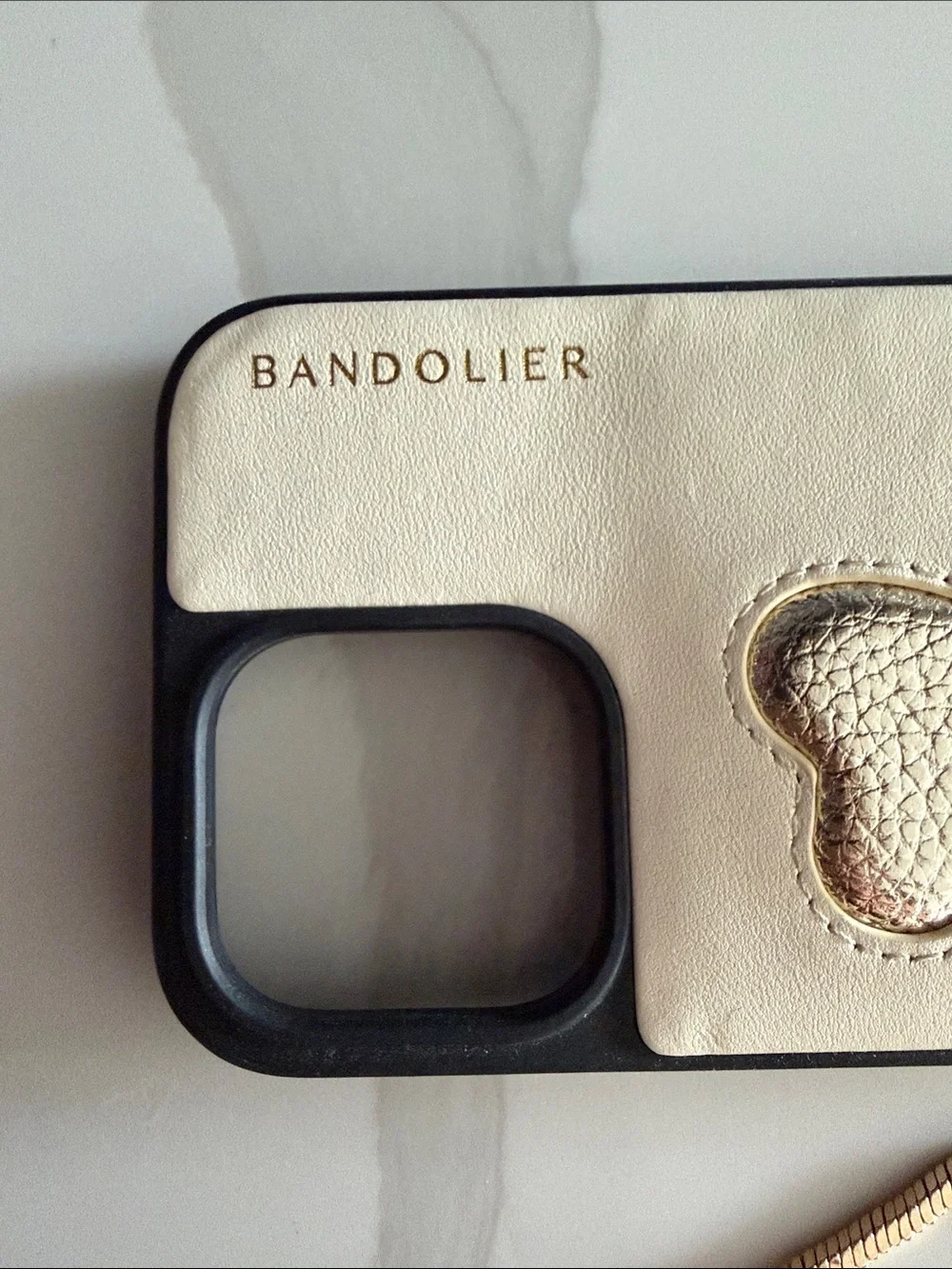 Bandolier Cream Leather Phone Crossbody with Gold Heart Accents